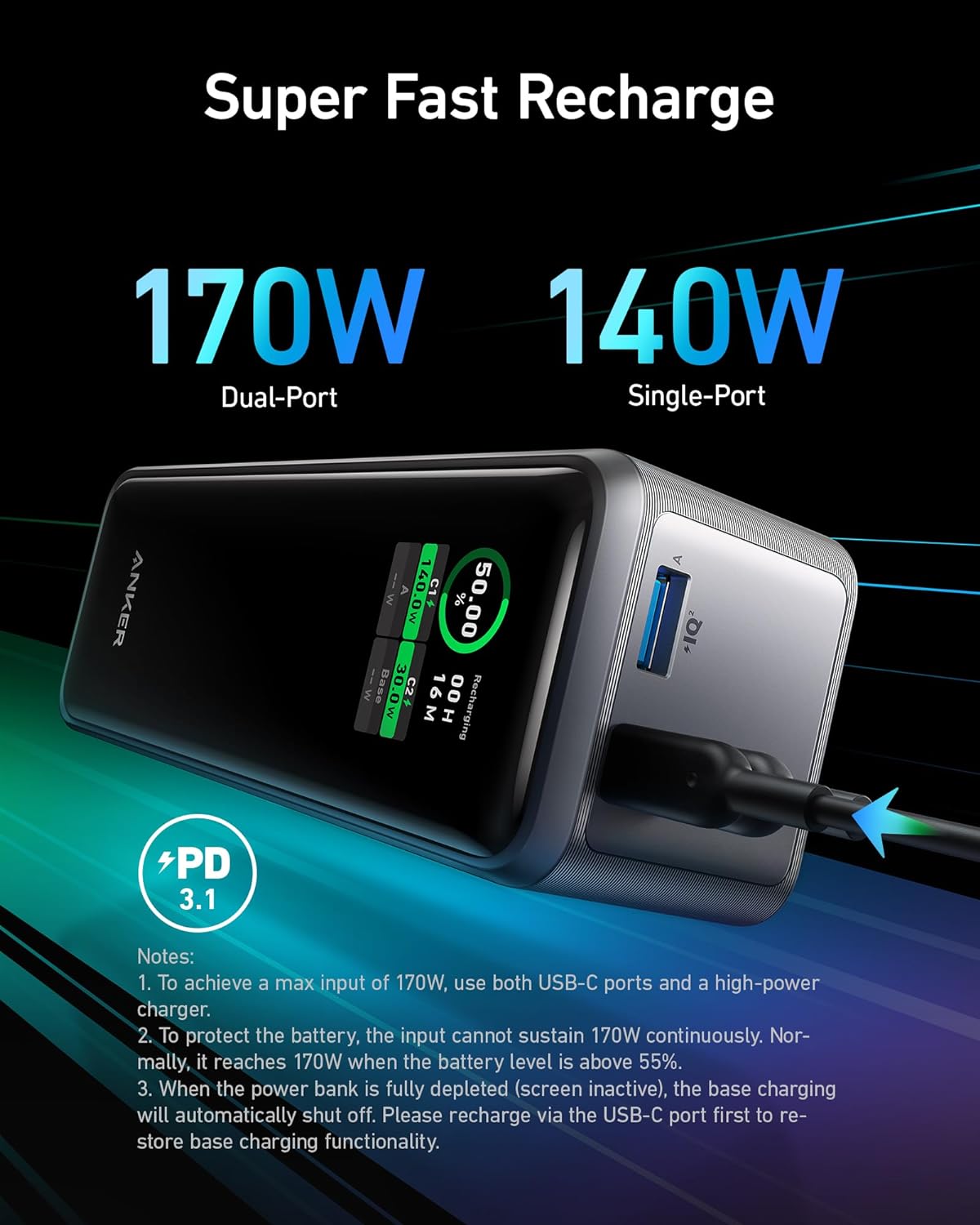 Anker Prime Power Bank, 27,650mAh 3-Port 250W Portable Charger (99.54Wh)  Smart App, Compatible, Black - 93Mobiles